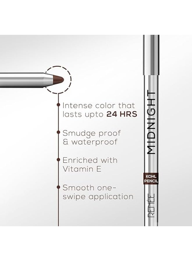RENEE Midnight Kohl Pencil- Brown | Waterproof, Smudge-proof Kajal With Sharpener | Matte Finish, Long-lasting Upto 24 Hours | One-swipe Application With Vitamin E | 1.5 g - Image 3